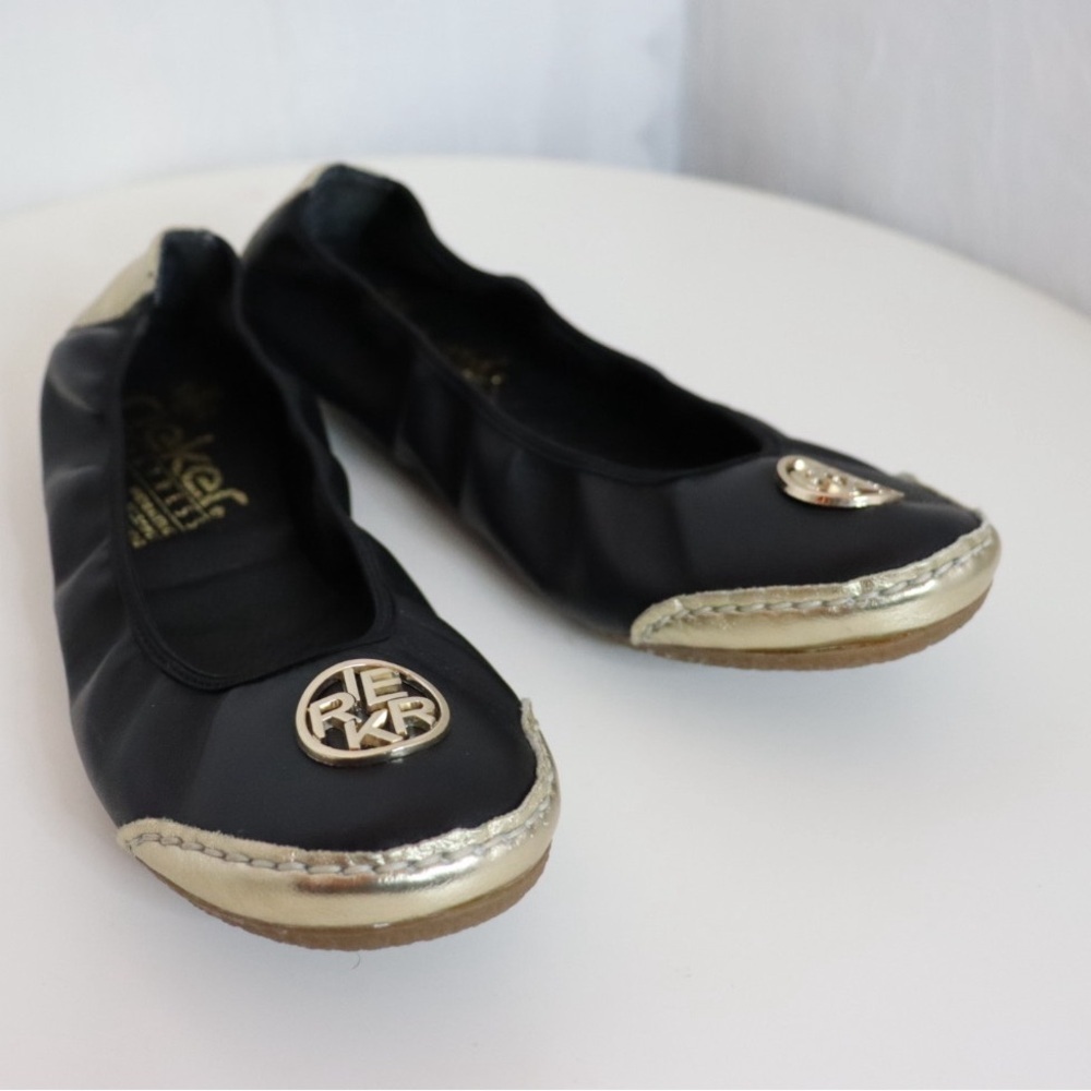 RIEKER Black and Gold Leather Ballerina Slip Ons